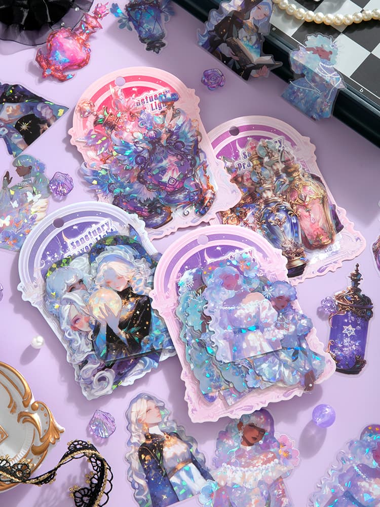 20pcs Holographic PET Scrapbook Ephemera Stickers – Sanctuary Prayer Light Series - Image 1